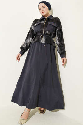 Saten Göğüs Cepli Bluz Etekli Takım Füme 