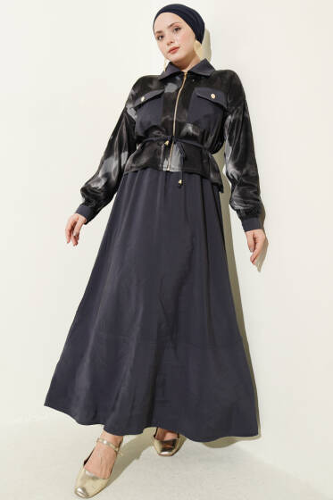 Saten Göğüs Cepli Bluz Etekli Takım Füme - İKİLİ TAKIM