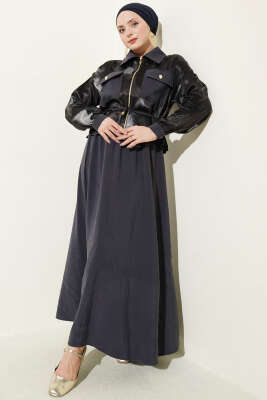 Saten Göğüs Cepli Bluz Etekli Takım Füme - İKİLİ TAKIM