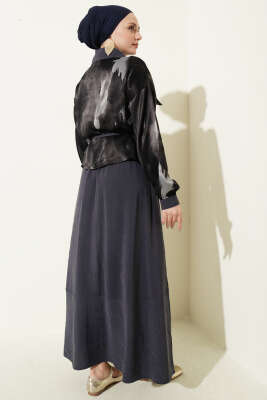 Saten Göğüs Cepli Bluz Etekli Takım Füme - İKİLİ TAKIM