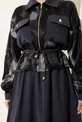 Saten Göğüs Cepli Bluz Etekli Takım Füme - İKİLİ TAKIM