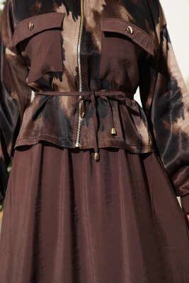 Saten Göğüs Cepli Bluz Etekli Takım Kahve - İkili Takım