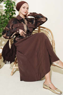 Saten Göğüs Cepli Bluz Etekli Takım Kahve 