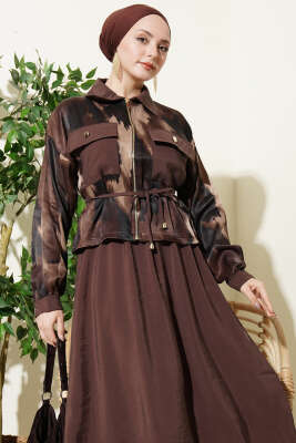 Saten Göğüs Cepli Bluz Etekli Takım Kahve - İkili Takım