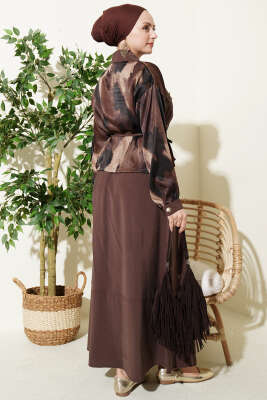 Saten Göğüs Cepli Bluz Etekli Takım Kahve - İkili Takım