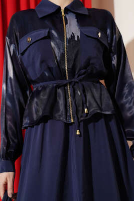 Saten Göğüs Cepli Bluz Etekli Takım Lacivert - İkili Takım