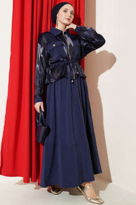 Saten Göğüs Cepli Bluz Etekli Takım Lacivert 