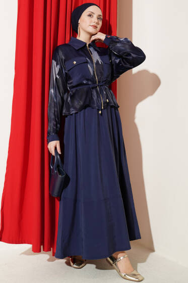 Saten Göğüs Cepli Bluz Etekli Takım Lacivert - İkili Takım