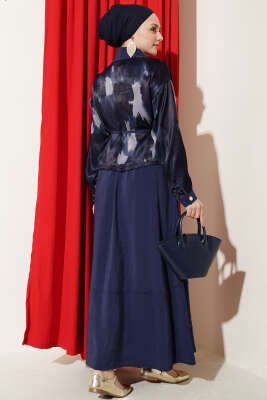 Saten Göğüs Cepli Bluz Etekli Takım Lacivert - İkili Takım