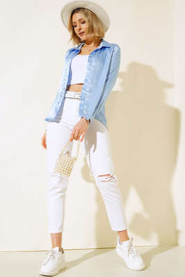 Saten Gömlek Bebe Mavi - Kadın Giyim Modelleri