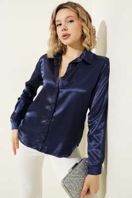 Saten Gömlek Lacivert - Kadın Giyim Modelleri