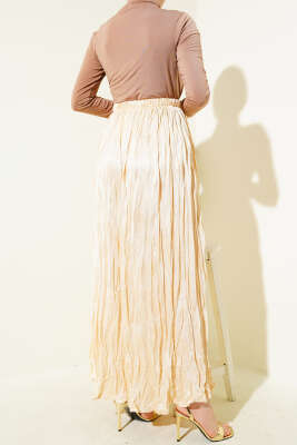 Saten Görünümlü Kırışık Etek Bej - Uzun Etek