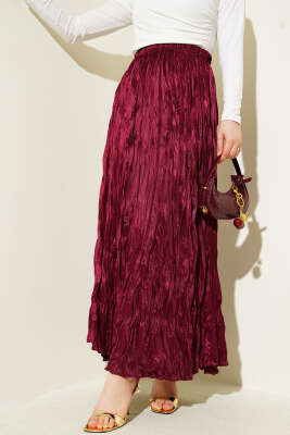 Saten Görünümlü Kırışık Etek Bordo 