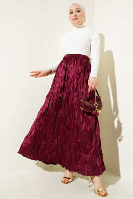Saten Görünümlü Kırışık Etek Bordo - Uzun Etek