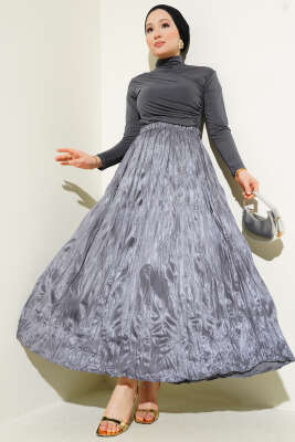 Saten Görünümlü Kırışık Etek Füme - Uzun Etek