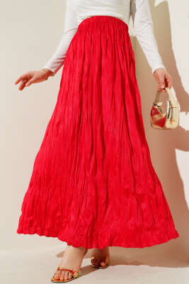 Saten Görünümlü Kırışık Etek Kırmızı - Uzun Etek
