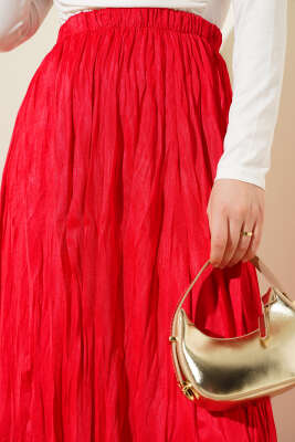 Saten Görünümlü Kırışık Etek Kırmızı - Uzun Etek