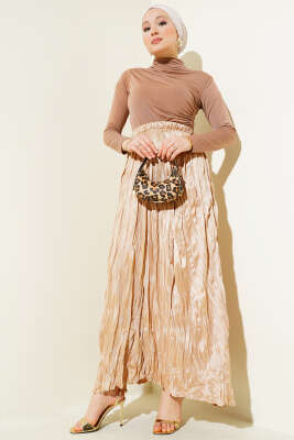 Saten Görünümlü Kırışık Etek Latte - Uzun Etek