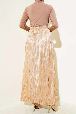 Saten Görünümlü Kırışık Etek Latte - Uzun Etek
