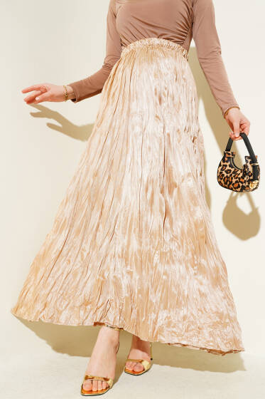 Saten Görünümlü Kırışık Etek Latte - Yılın Fırsatı 