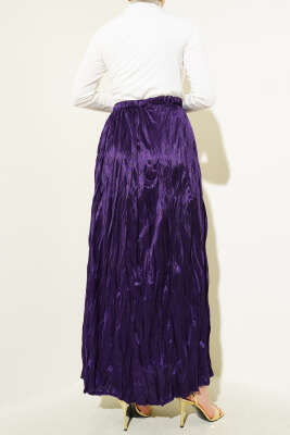 Saten Görünümlü Kırışık Etek Mor - Uzun Etek