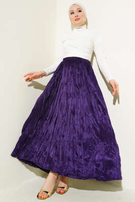 Saten Görünümlü Kırışık Etek Mor - Uzun Etek