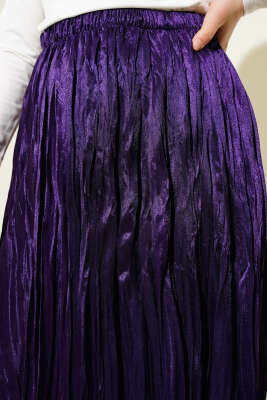 Saten Görünümlü Kırışık Etek Mor - Uzun Etek