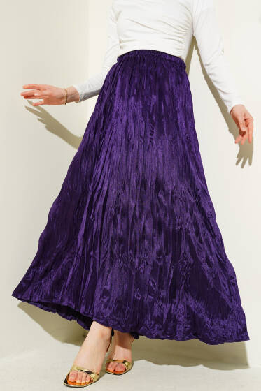 Saten Görünümlü Kırışık Etek Mor - Yılın Fırsatı 