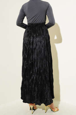 Saten Görünümlü Kırışık Etek Siyah - Uzun Etek