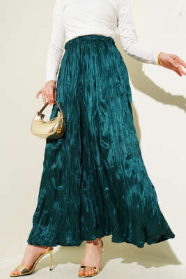 Saten Görünümlü Kırışık Etek Zümrüt 