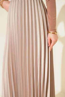 Saten Görünümlü Pileli Etek Bej - Etek