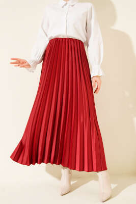 Saten Görünümlü Pileli Etek Bordo - MISRA