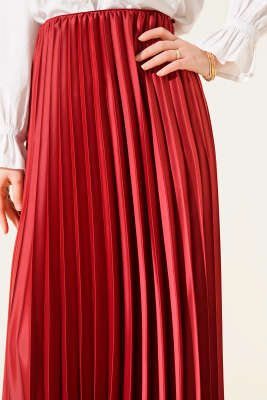 Saten Görünümlü Pileli Etek Bordo - Etek