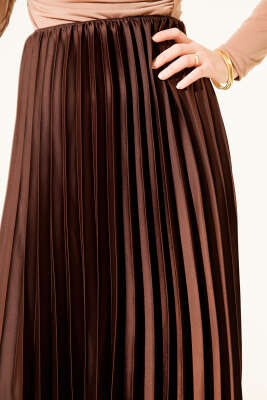 Saten Görünümlü Pileli Etek Kahve - Etek