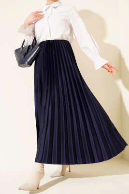 Saten Görünümlü Pileli Etek Lacivert - MISRA