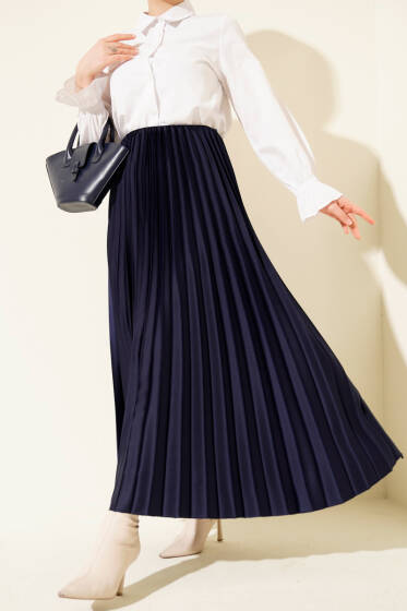 Saten Görünümlü Pileli Etek Lacivert - Etek