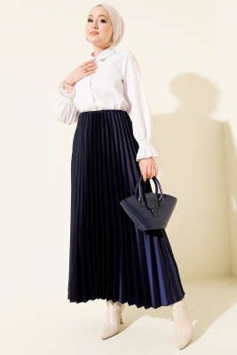 Saten Görünümlü Pileli Etek Lacivert - Etek