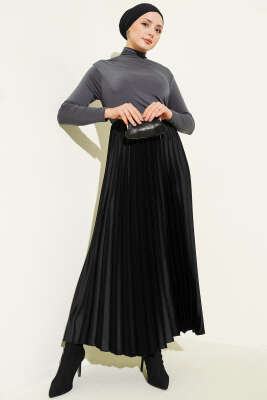 Saten Görünümlü Pileli Etek Siyah - Etek