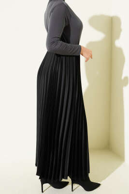 Saten Görünümlü Pileli Etek Siyah - Etek