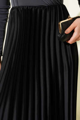 Saten Görünümlü Pileli Etek Siyah - Etek