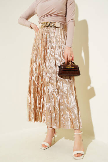 Saten Kırışık Etek Bej - Etek