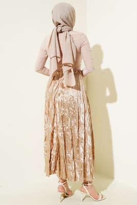 Saten Kırışık Etek Bej - Uzun Etek