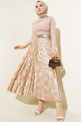 Saten Kırışık Etek Bej - Uzun Etek