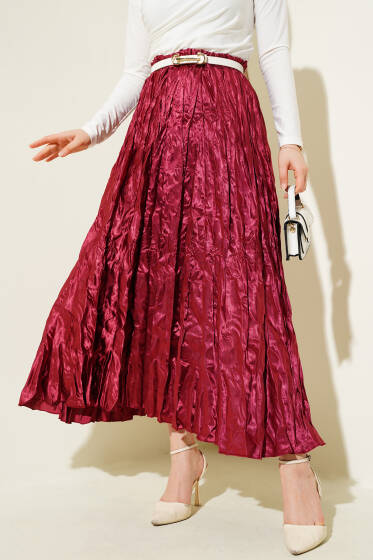 Saten Kırışık Etek Bordo - Etek