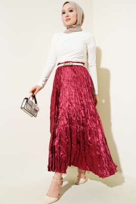 Saten Kırışık Etek Bordo - Uzun Etek