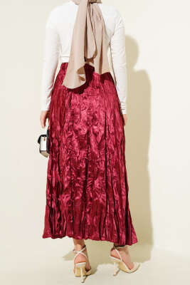 Saten Kırışık Etek Bordo - Uzun Etek