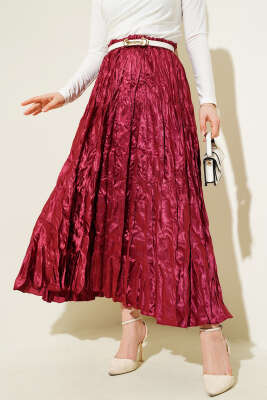 Saten Kırışık Etek Bordo