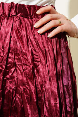 Saten Kırışık Etek Bordo - Uzun Etek