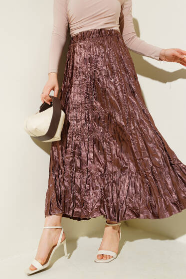 Saten Kırışık Etek Kahve - Etek