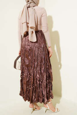 Saten Kırışık Etek Kahve - Uzun Etek